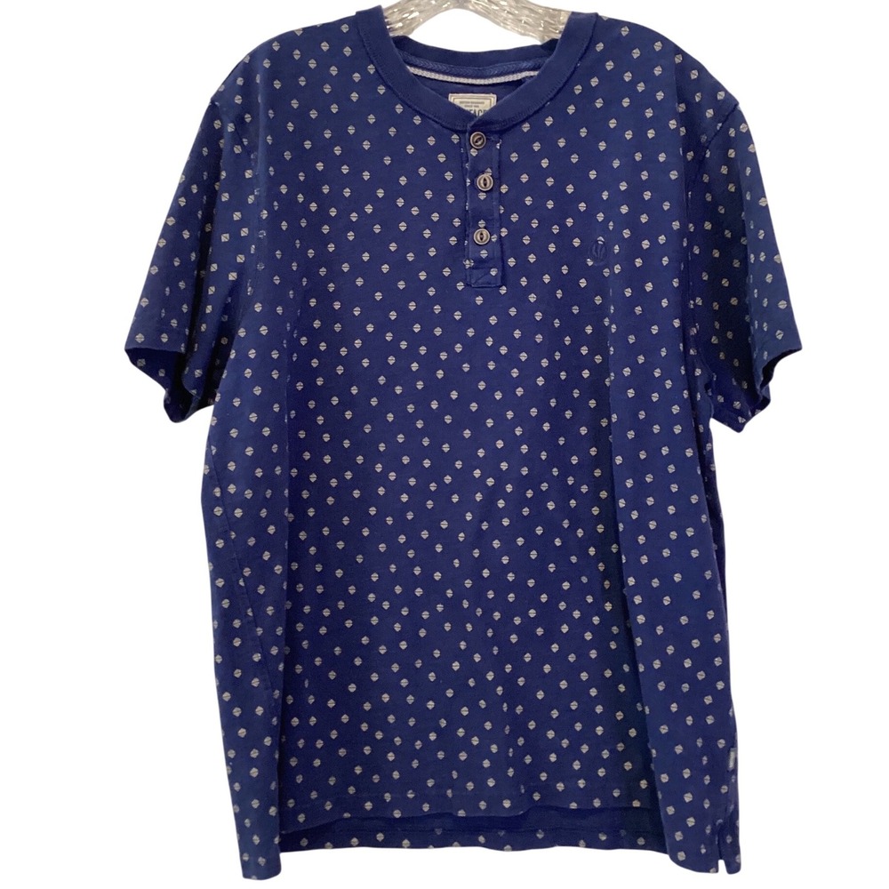 FatFace Mens XL Henley Shirt Blue Geometric Diamond Print Short Sleeve Cotton